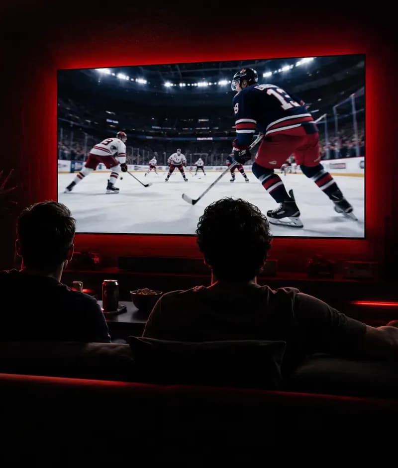 Three friends on a sofa watching an ice hockey match on a large wall-mounted TV in a dark room with red ambient lighting